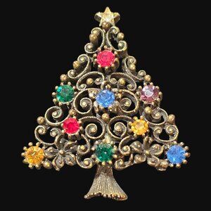 Vtg Signed JJ Gold Tone Christmas Tree Brooch Pin Multi Color Rhinestones MCM